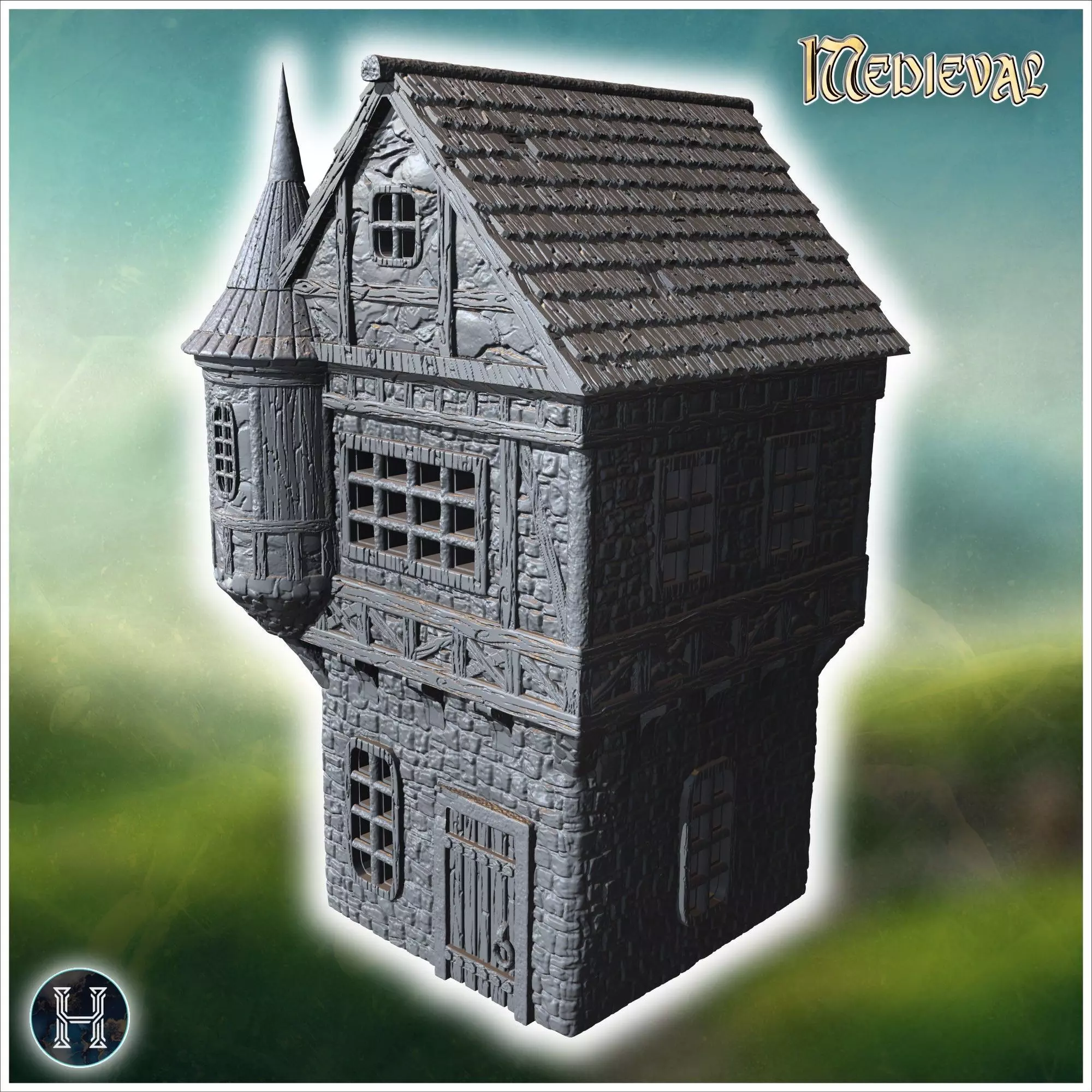 Tall medieval building with a turret stone walls and a pointed r 3D print model_5