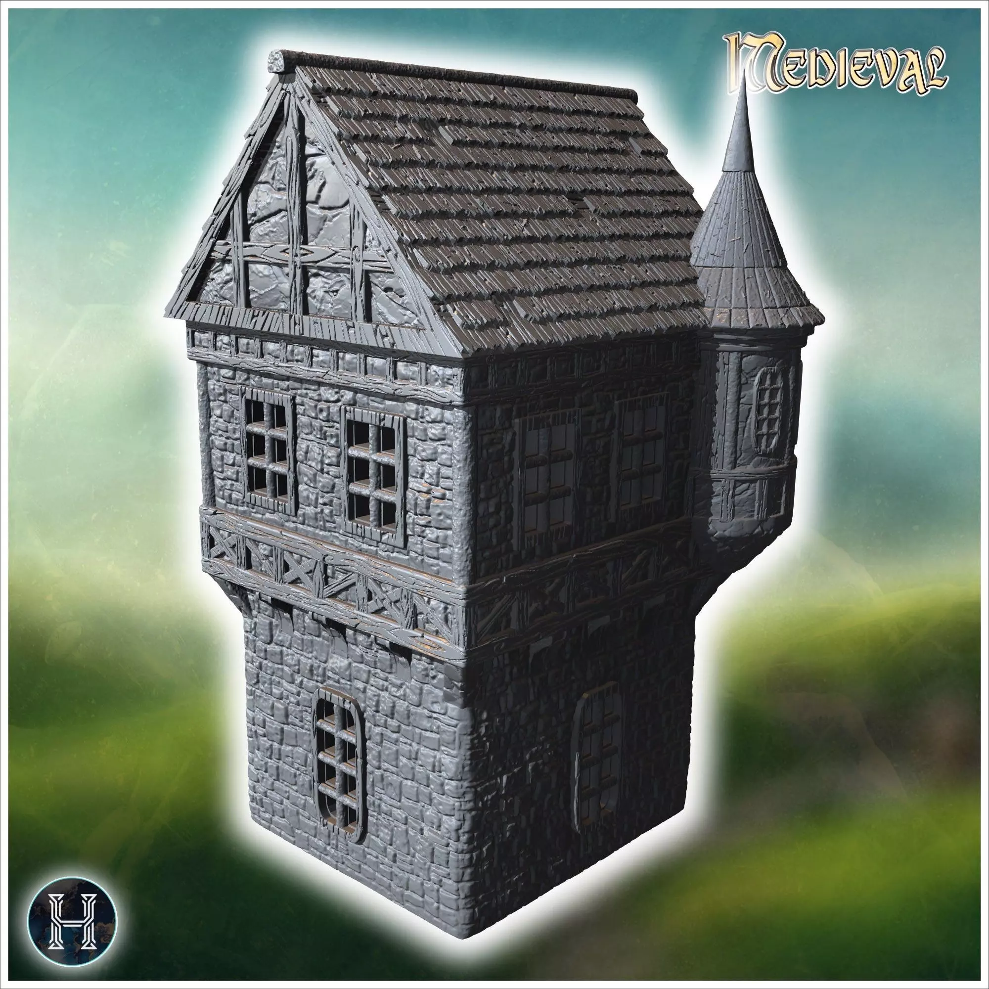 Tall medieval building with a turret stone walls and a pointed r 3D print model_1