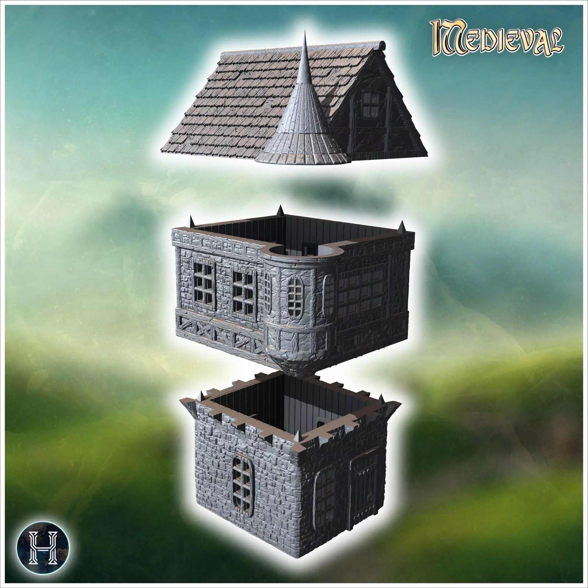 Tall medieval building with a turret stone walls and a pointed r 3D print model_8