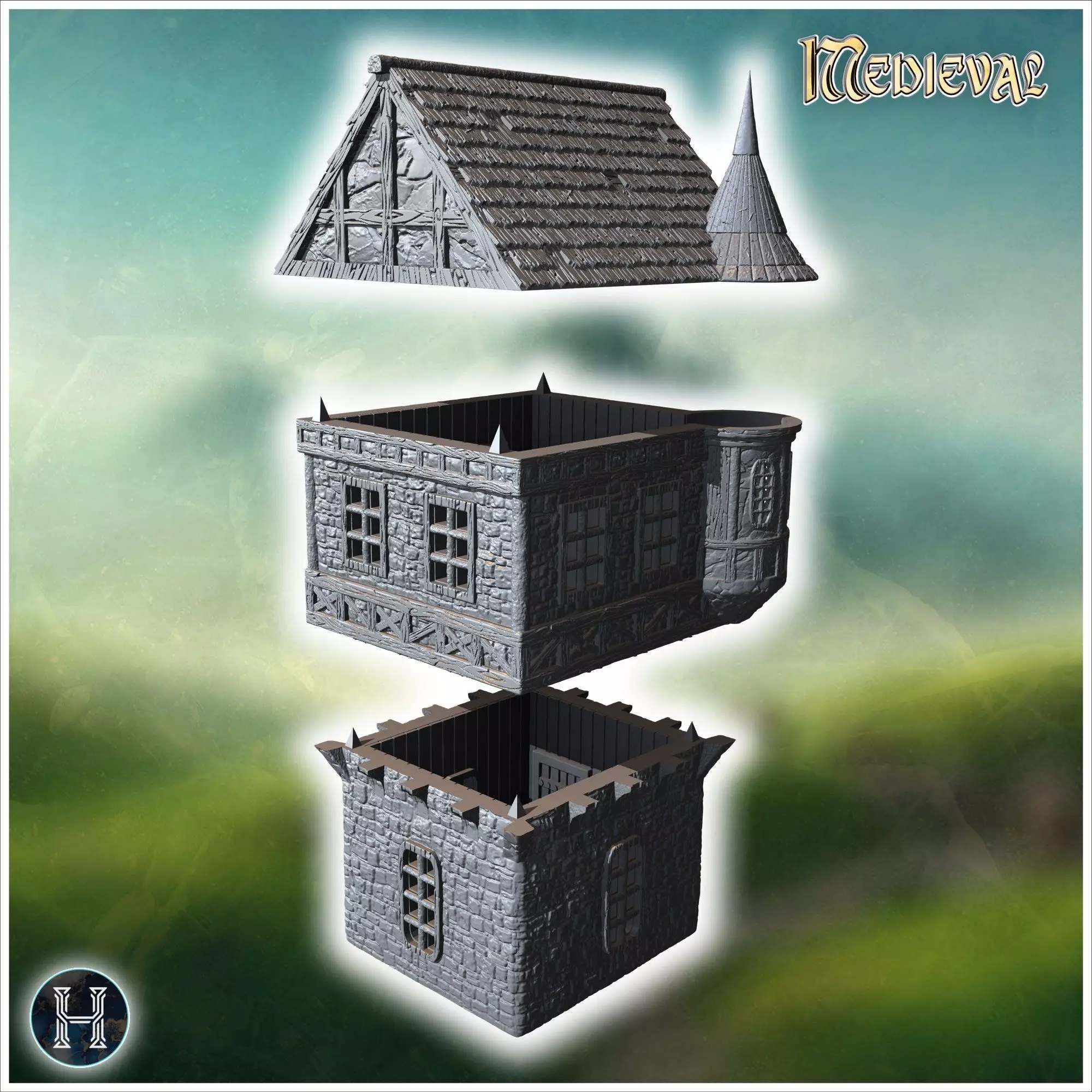 Tall medieval building with a turret stone walls and a pointed r 3D print model_10