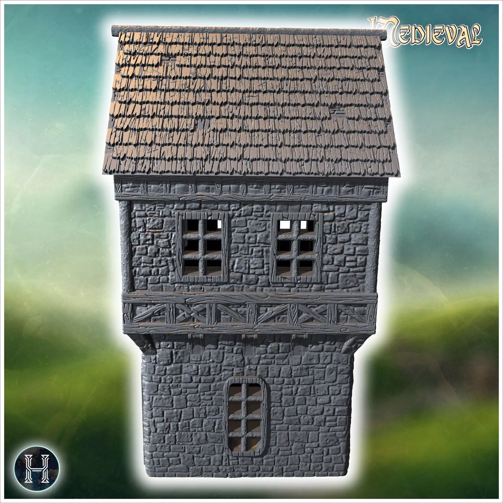 Tall medieval building with a turret stone walls and a pointed r 3D print model_4