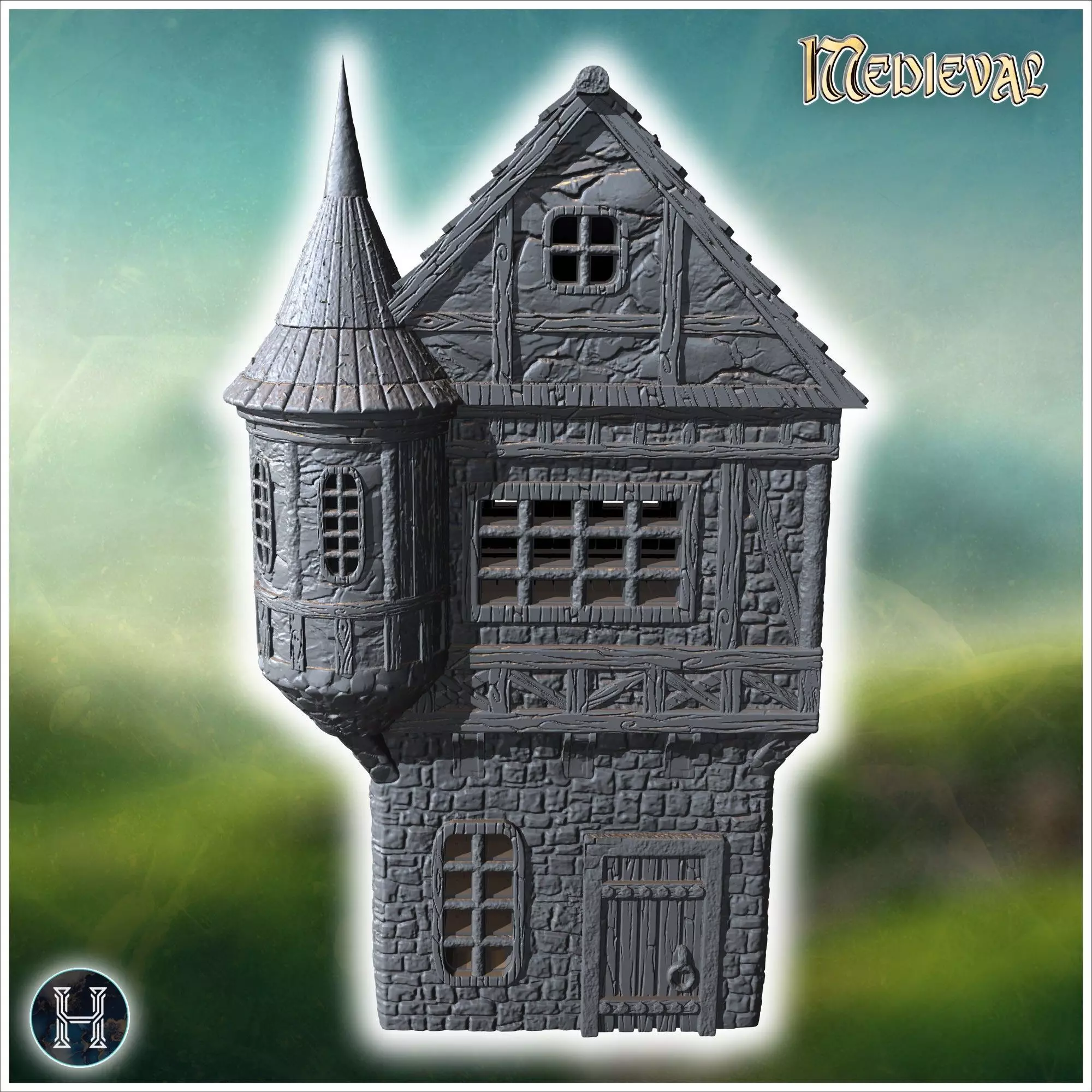 Tall medieval building with a turret stone walls and a pointed r 3D print model_7