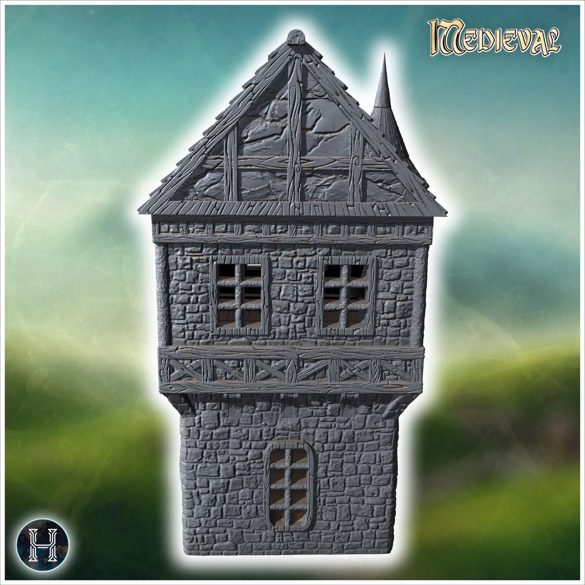 Tall medieval building with a turret stone walls and a pointed r 3D print model_2