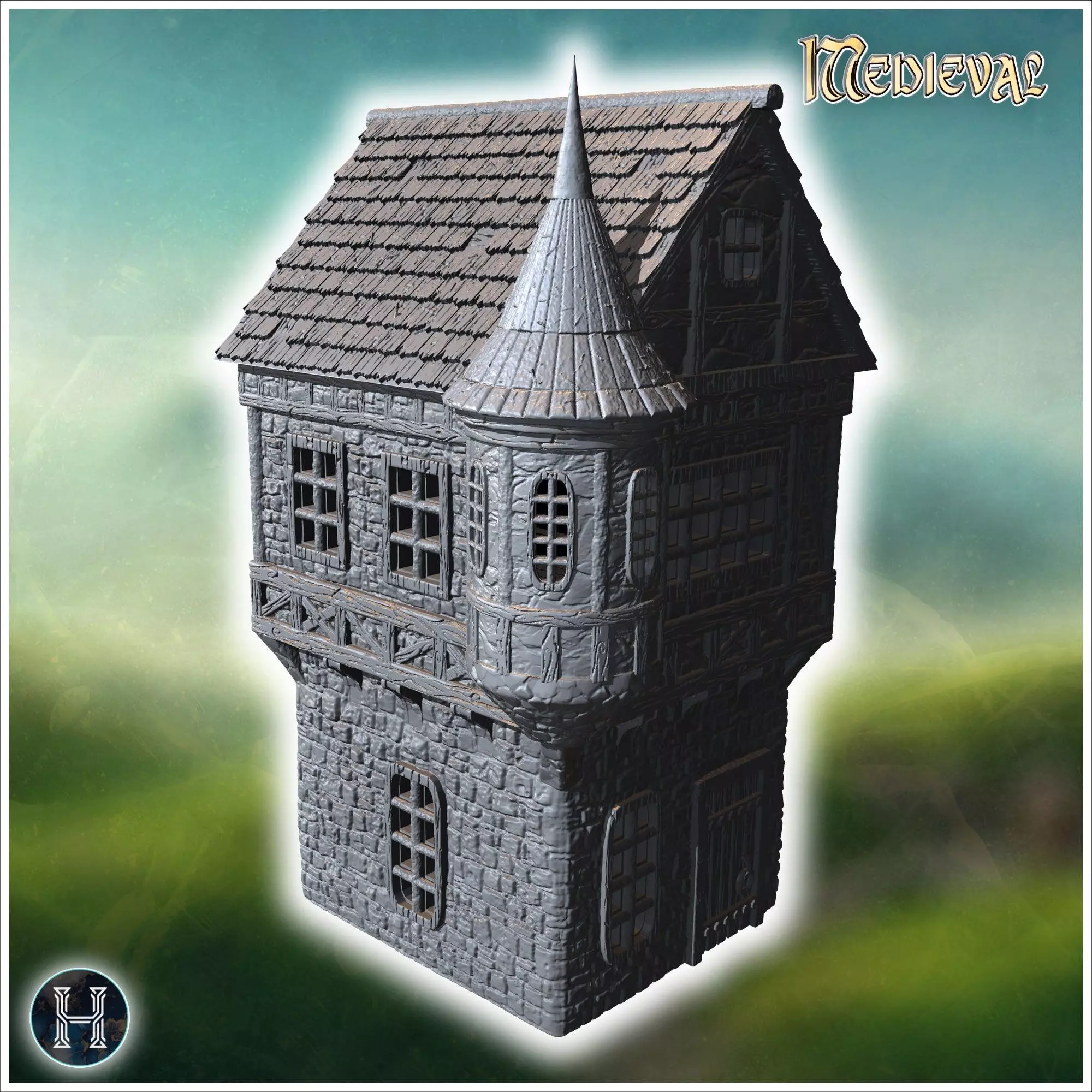 Tall medieval building with a turret stone walls and a pointed r 3D print model_0