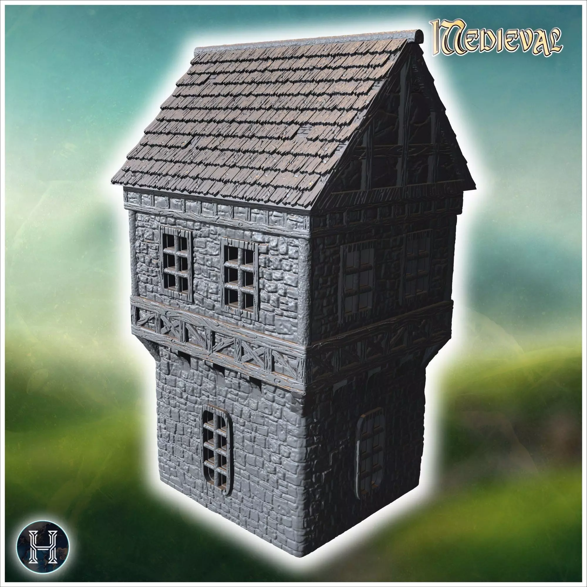 Tall medieval building with a turret stone walls and a pointed r 3D print model_3