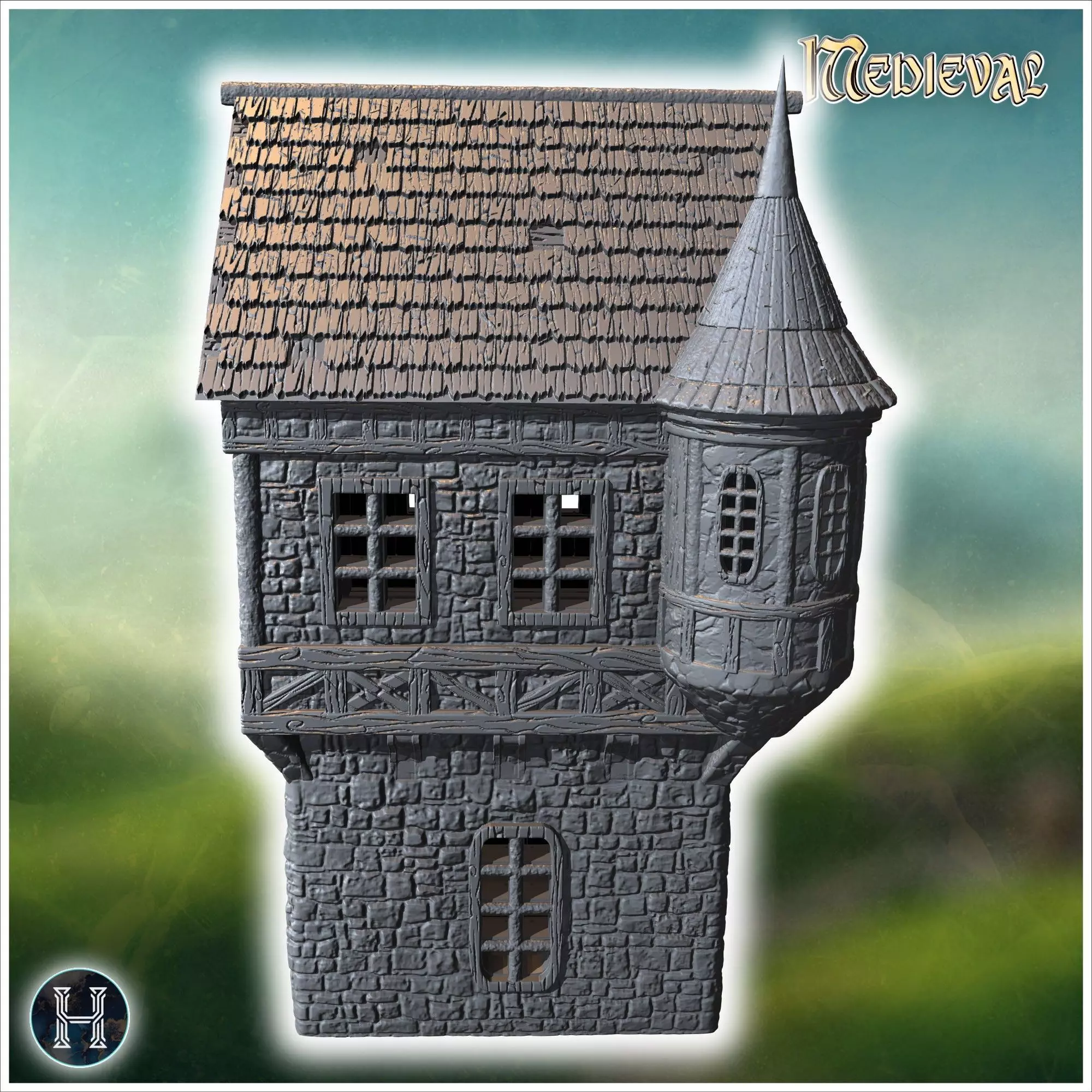 Tall medieval building with a turret stone walls and a pointed r 3D print model_9