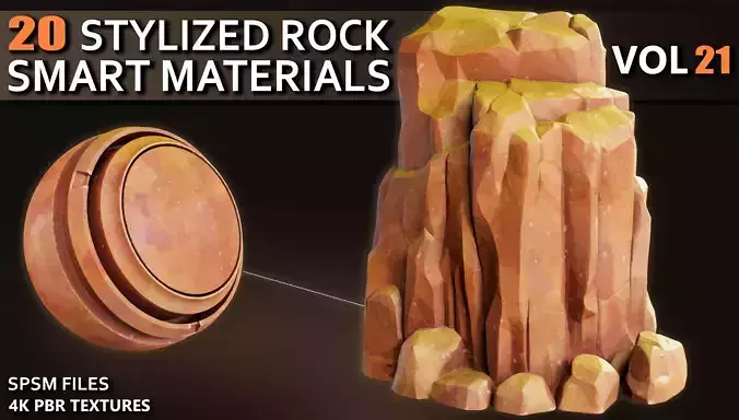 20 Stylized Rock Smart Materials 4K PBR Textures VOL 21 