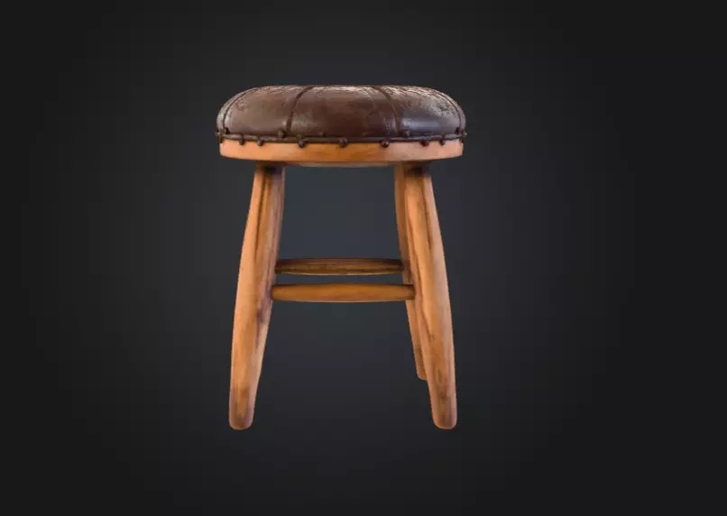 Vintage Wooden Stool 3D model_2