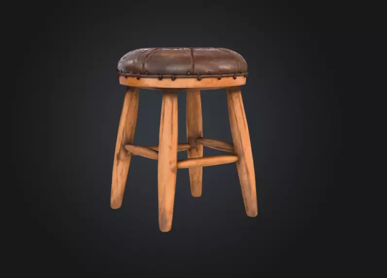 Vintage Wooden Stool 3D model_5
