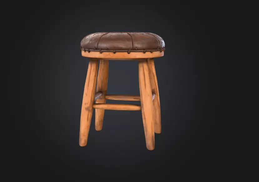 Vintage Wooden Stool 3D model_4