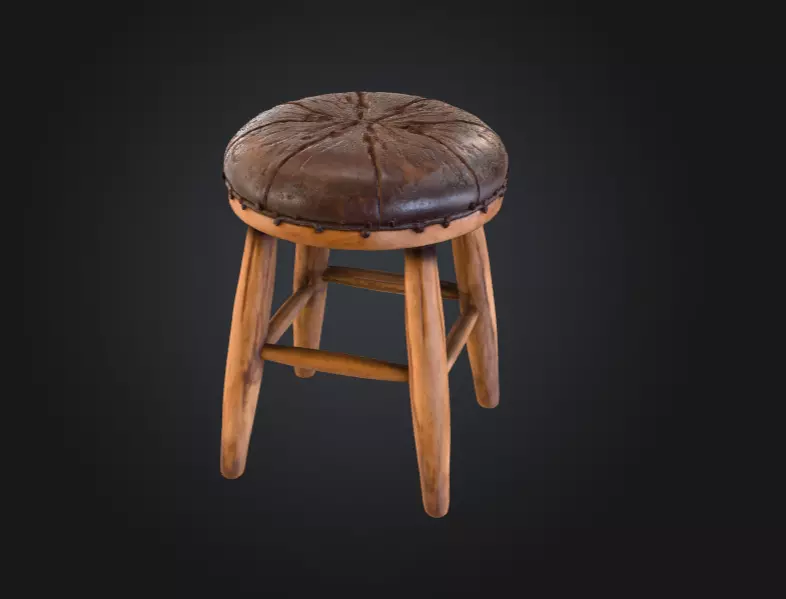 Vintage Wooden Stool 3D model_1