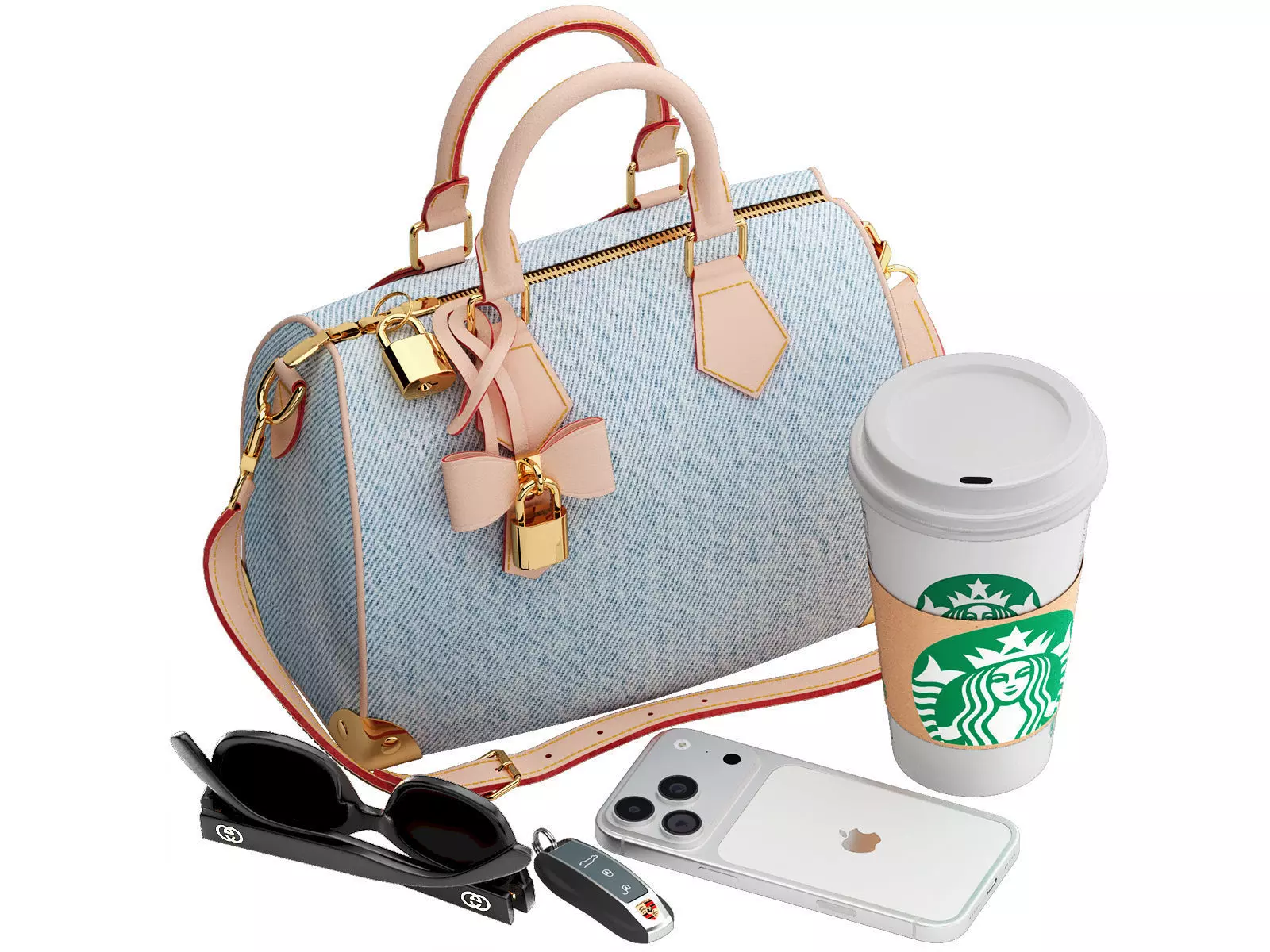 pouch bag and coffee cups 3D model