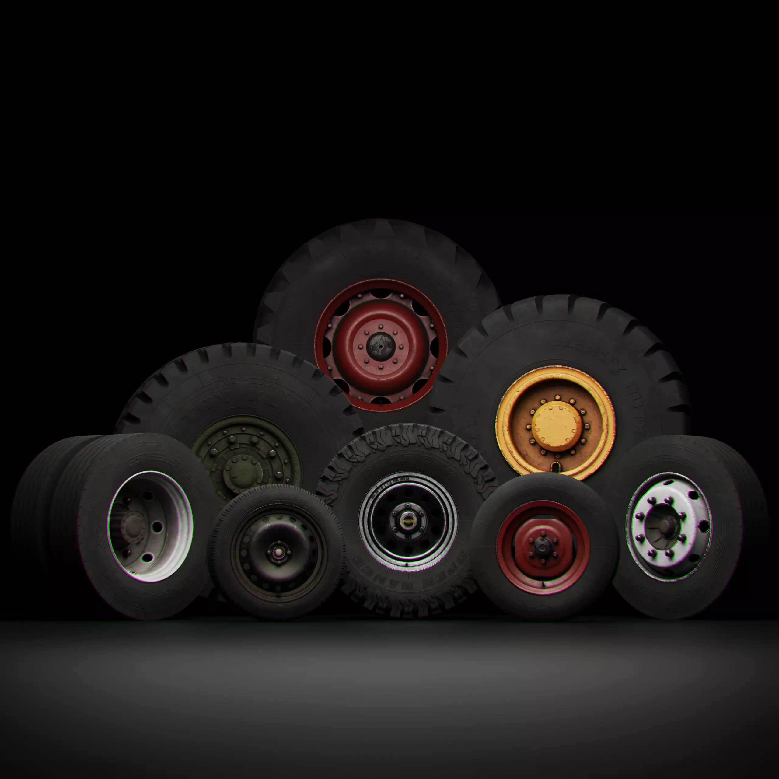 Collection of various wheels with LODs Low-poly 3D model_0