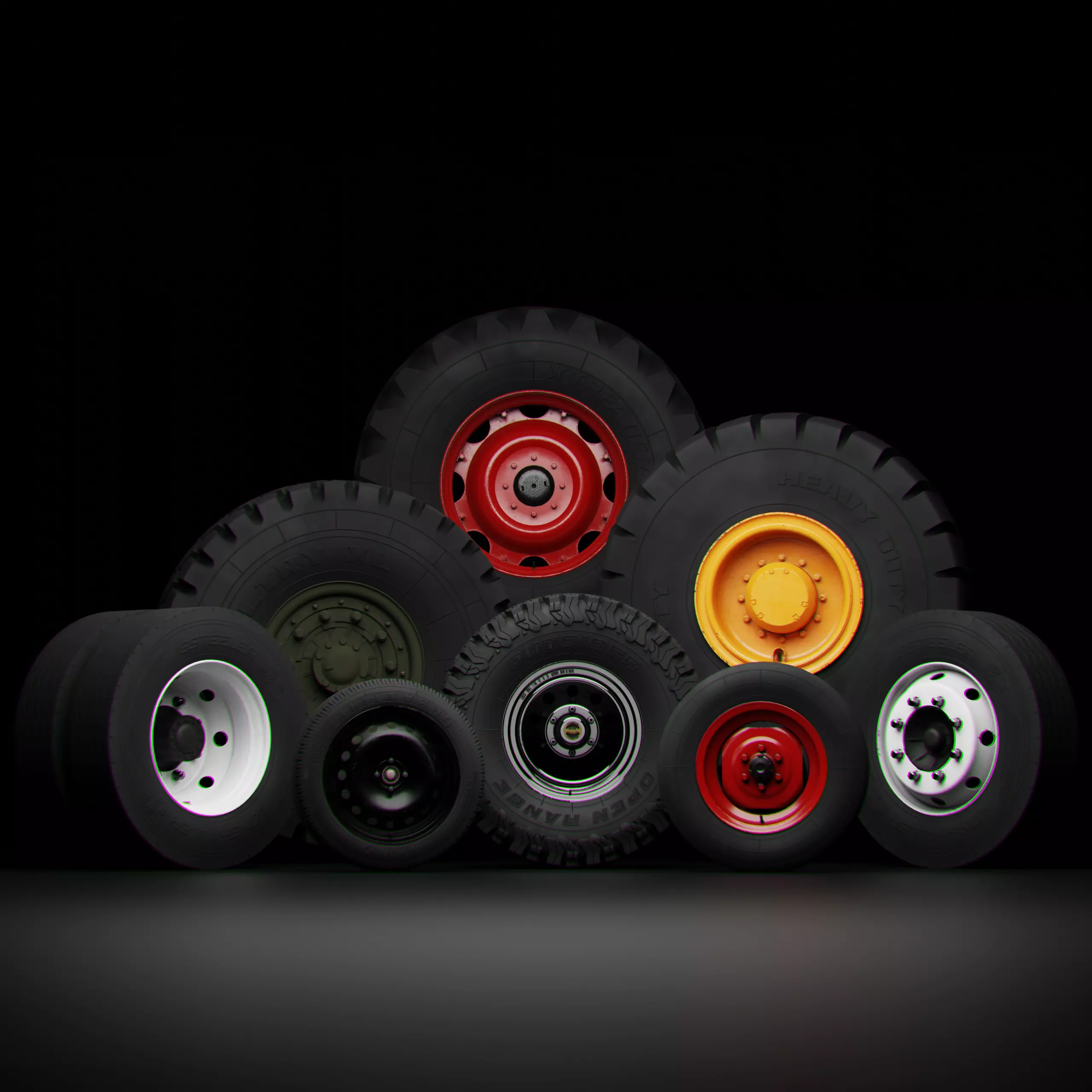 Collection of various wheels with LODs Low-poly 3D model_1
