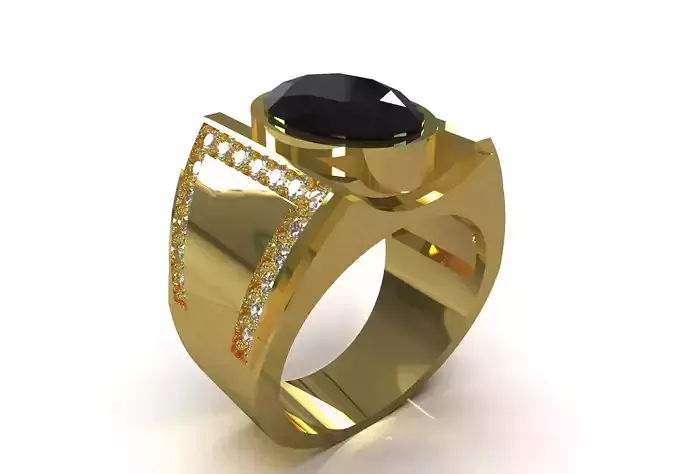Modern Mens Signet Ring with Diamonds and Black Stone mr0316