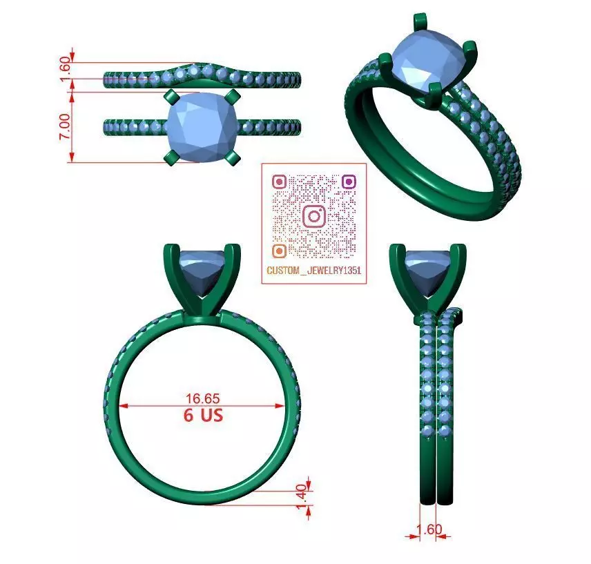 Square Cushion Engagement Ring 3D print model_9