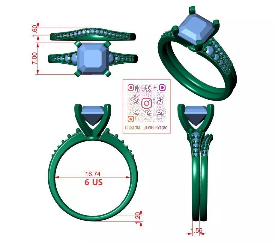 Asscher Engagement Ring 3D print model_9