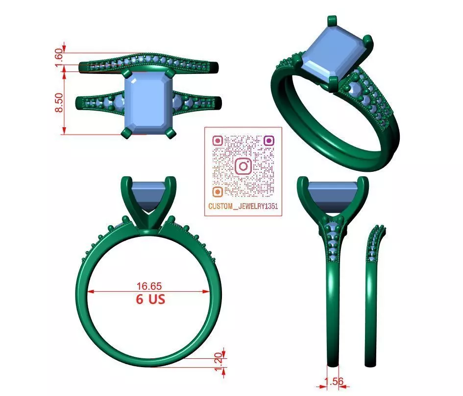 Emerald Engagement Ring 3D print model_6