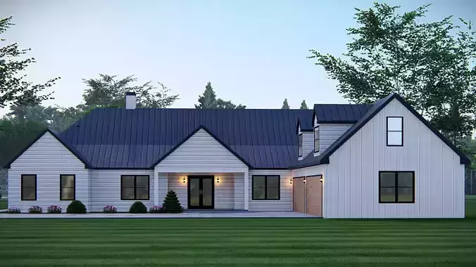 Modern American Farmhouse with FOUR Car Garage Black Metal Roof