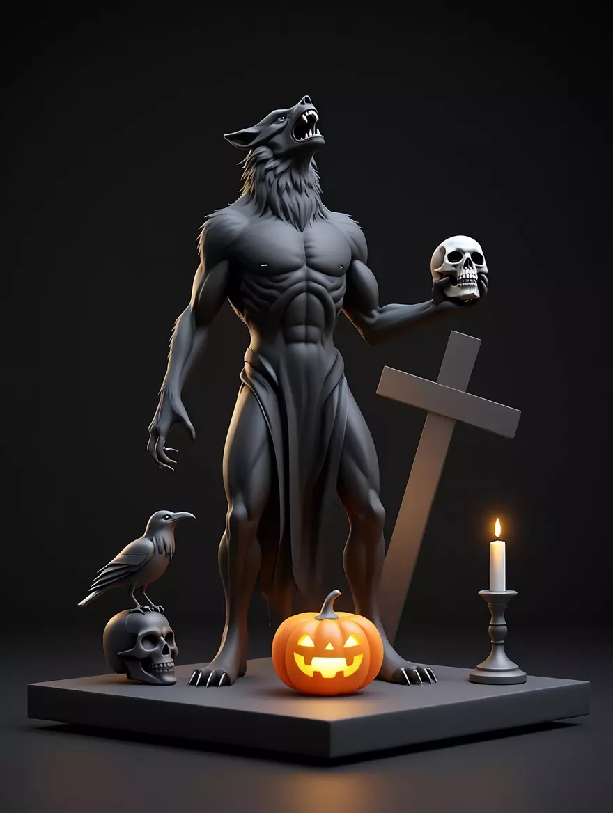 2631COLOR Werewolf Howling with Skull  3D Model  Halloween 3D print model_3