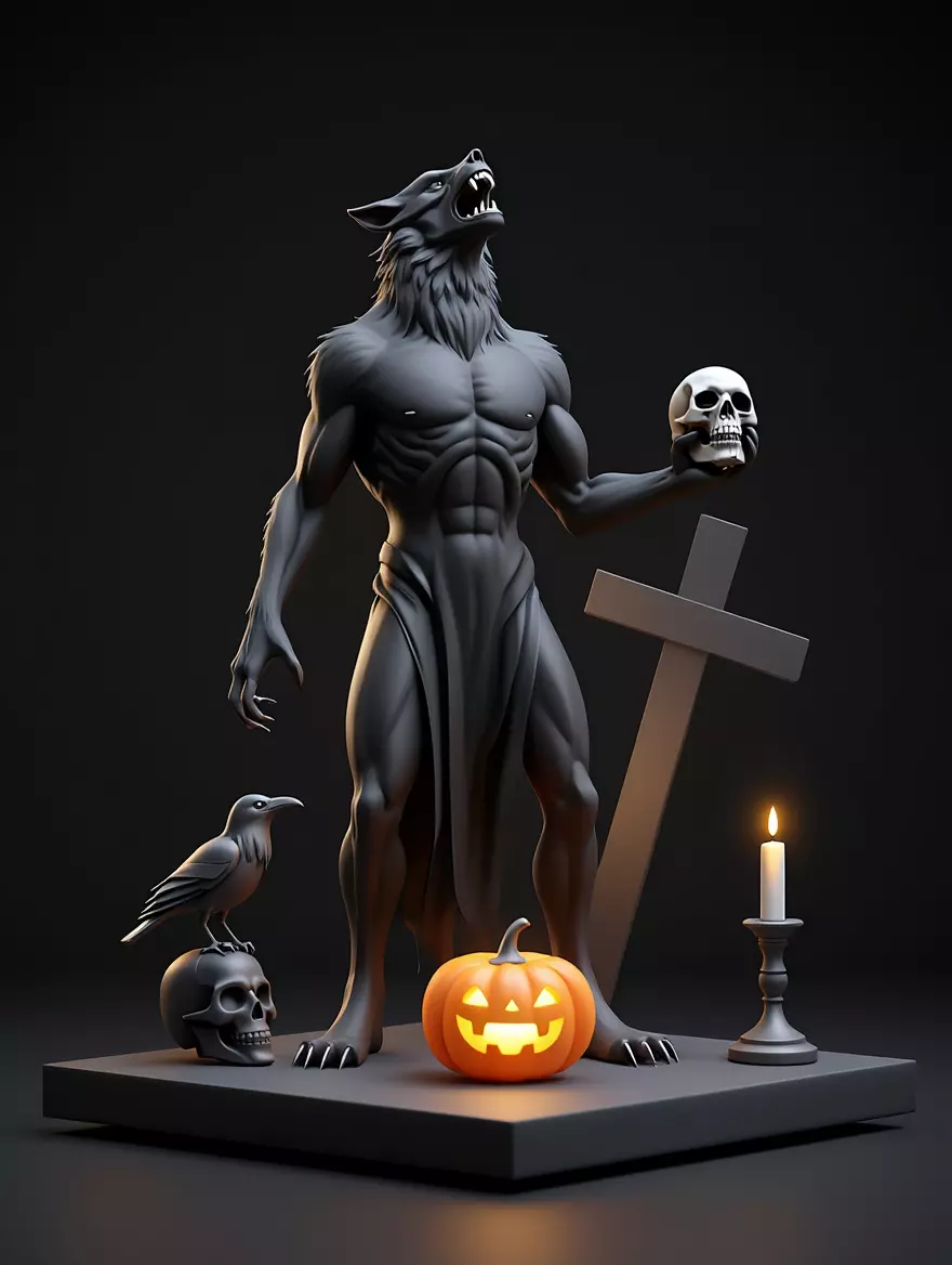 2631COLOR Werewolf Howling with Skull  3D Model  Halloween 3D print model_0