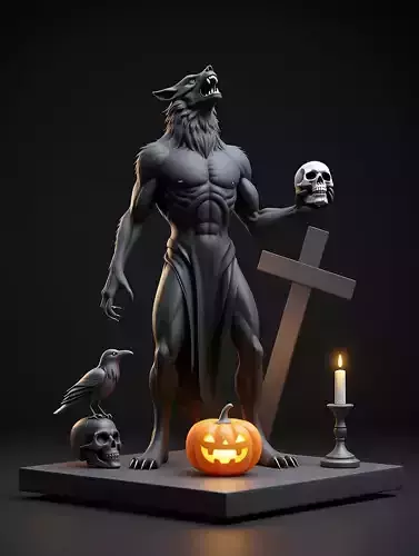 2631COLOR Werewolf Howling with Skull  3D Model  Halloween