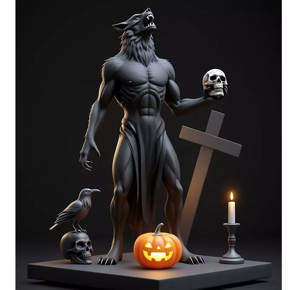 2631COLOR Werewolf Howling with Skull  3D Model  Halloween 3D print model_7