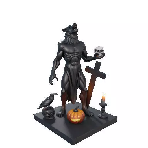 2631COLOR Werewolf Howling with Skull  3D Model  Halloween 3D print model_34