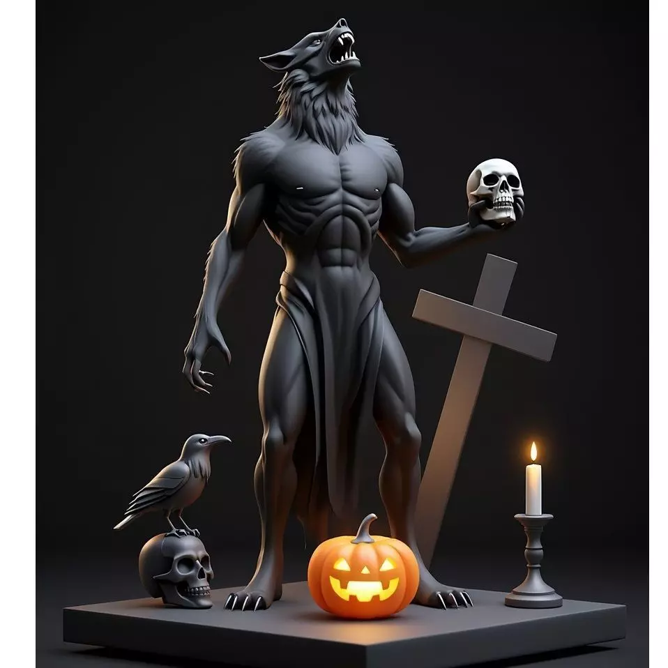 2631COLOR Werewolf Howling with Skull  3D Model  Halloween 3D print model_5