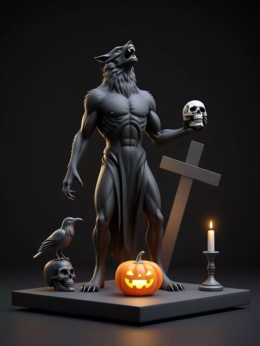 2631COLOR Werewolf Howling with Skull  3D Model  Halloween 3D print model_2