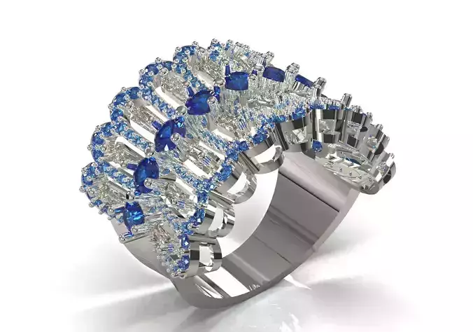 Sapphire Diamond Mountain Range Clustering Cocktail Ring jr00276
