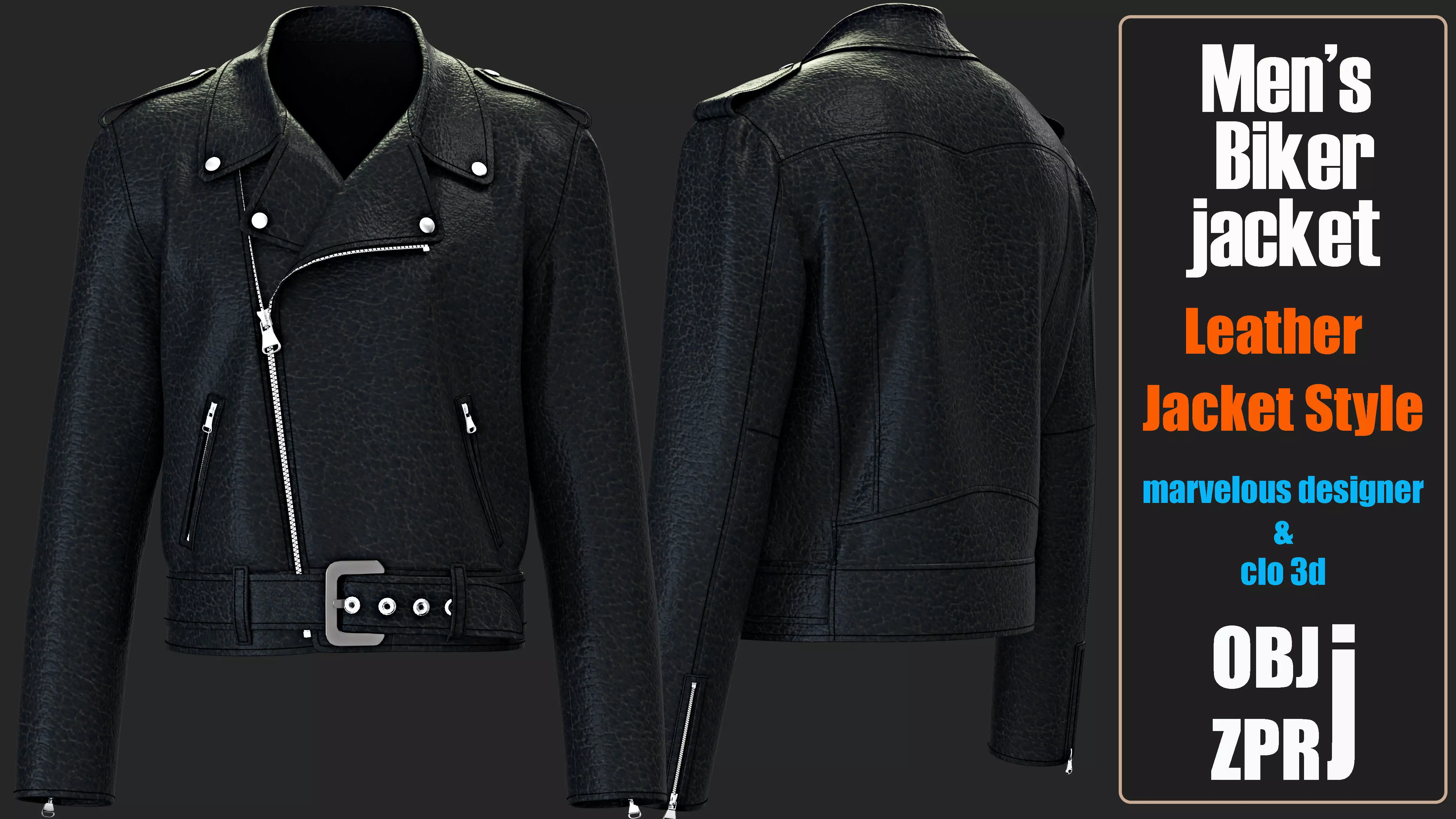 Biker Jacket For Men -3D Clothing Model - OBJ ZPRJ 3D model 3D model_0