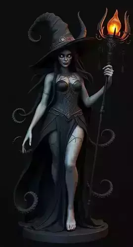 Dark Witch 3D Model Gothic Sorceress Statue with Magic Staff