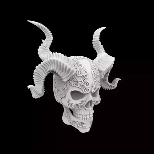 Demon Skull With Horns Filigree 3D Print Model