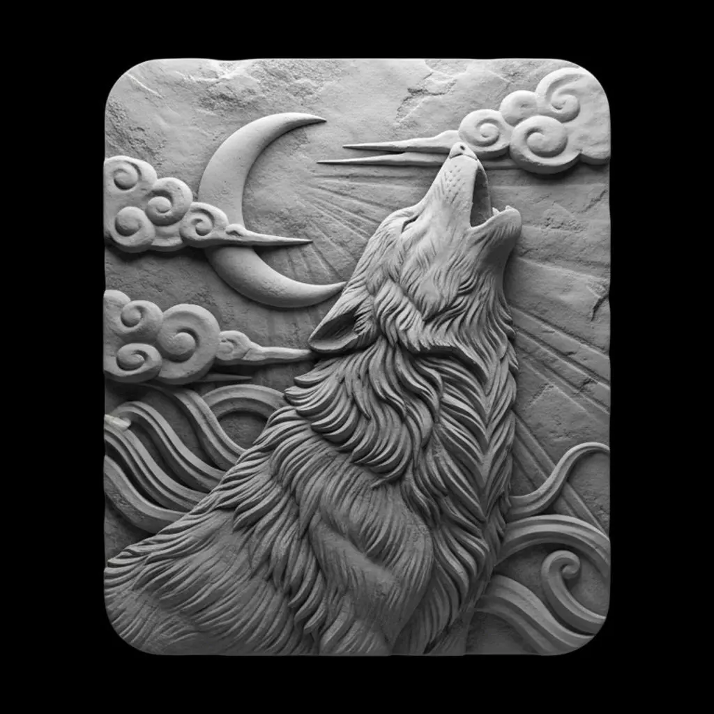 Howling Wolf Moon Relief Sculpture 3D print model
