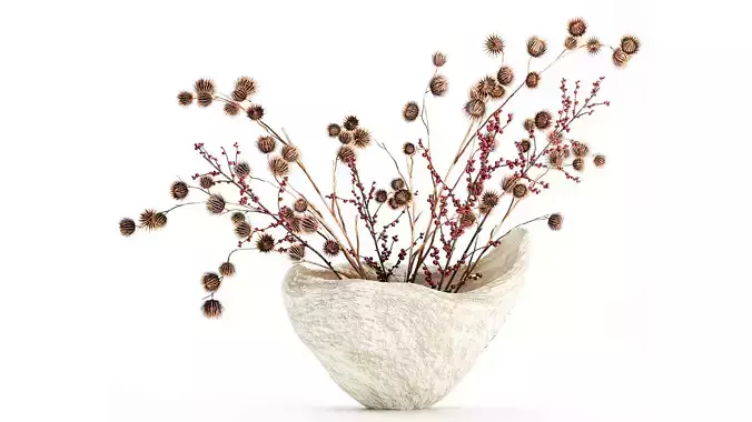 Bouquet dried flowers holly branches dry thorns stone vase
