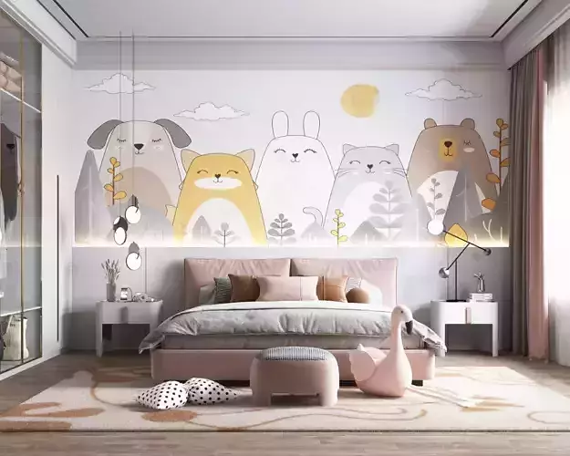 Modern Kids Bedroom Interior with Cartoon Animal Wall Mural