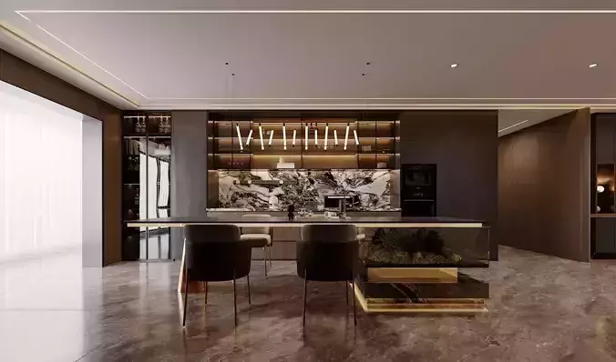 Modern Luxury Kitchen and Dining Space with Wine Display