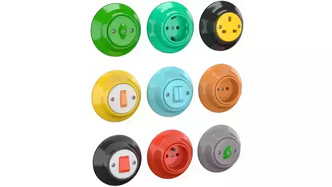 Retro ceramic sockets and switches Low-poly 3D model