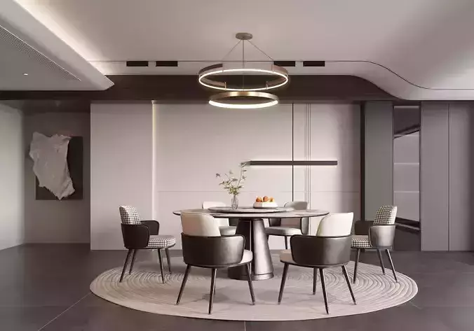 Modern Luxury Dining Room Circular Chandelier Mixed Chairs