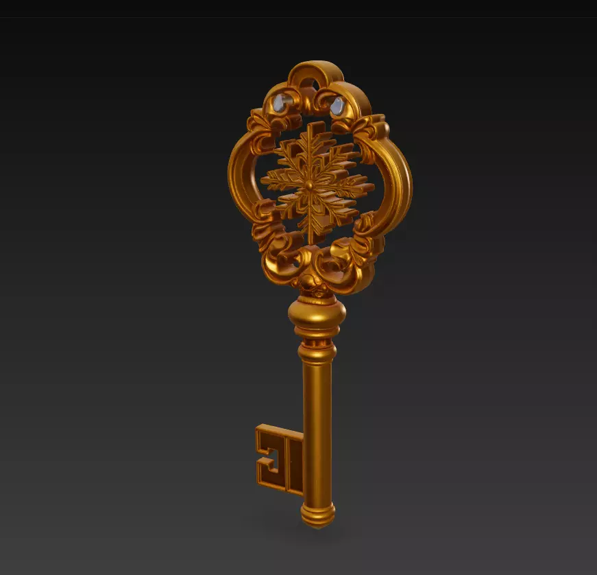 Golden Crystal Key - Majestic Fantasy Ornament 3D Model 3D print model_2