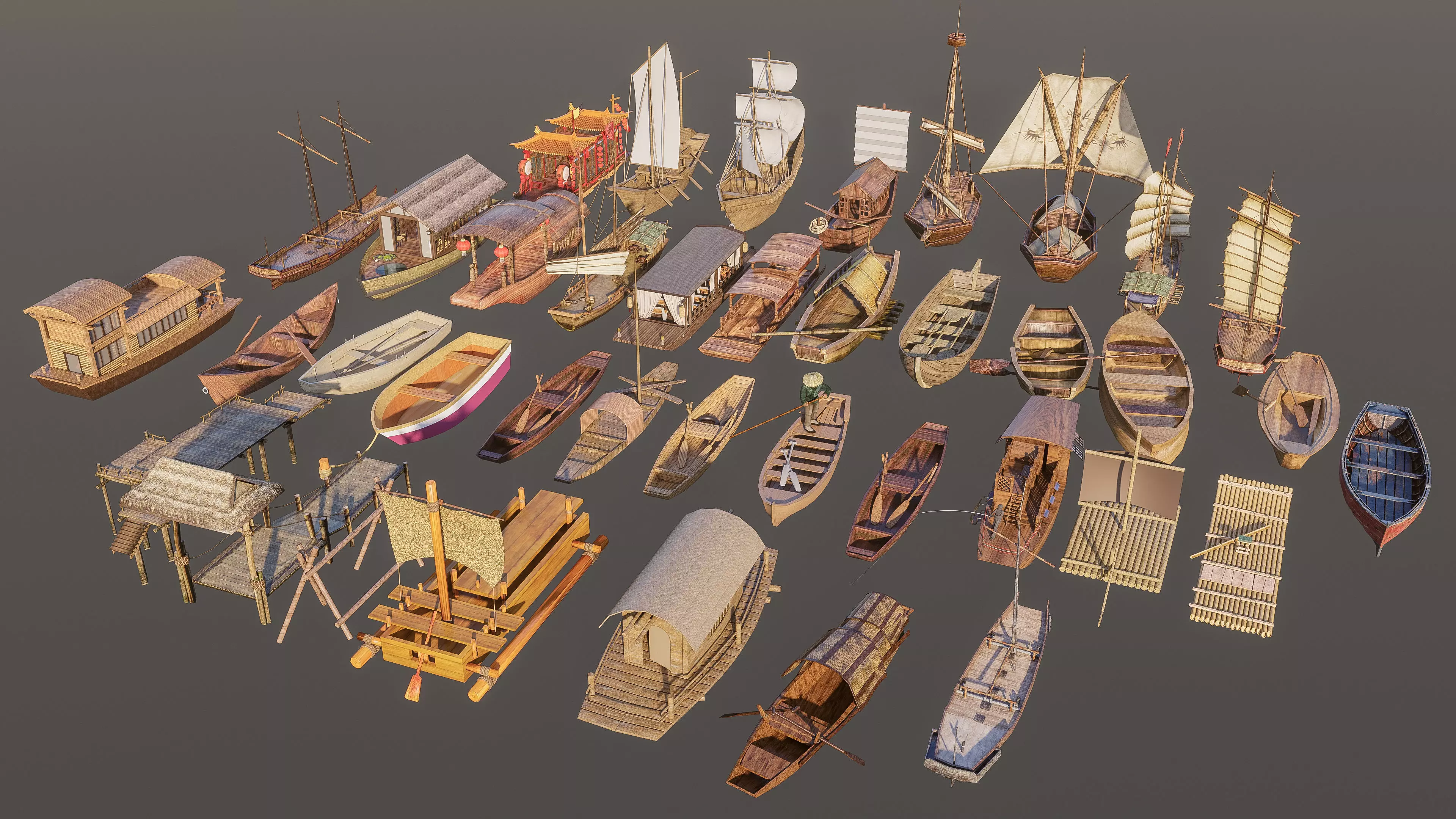 Wooden boat collection 1 Low-poly 3D model_1