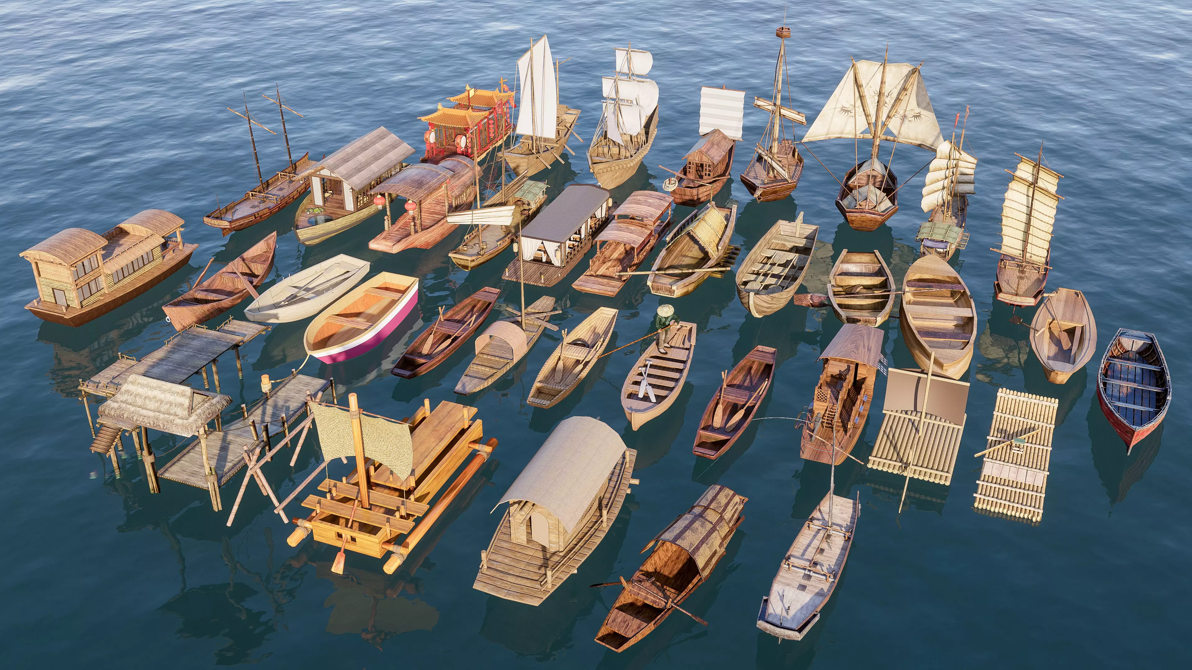 Wooden boat collection 1 Low-poly 3D model_2