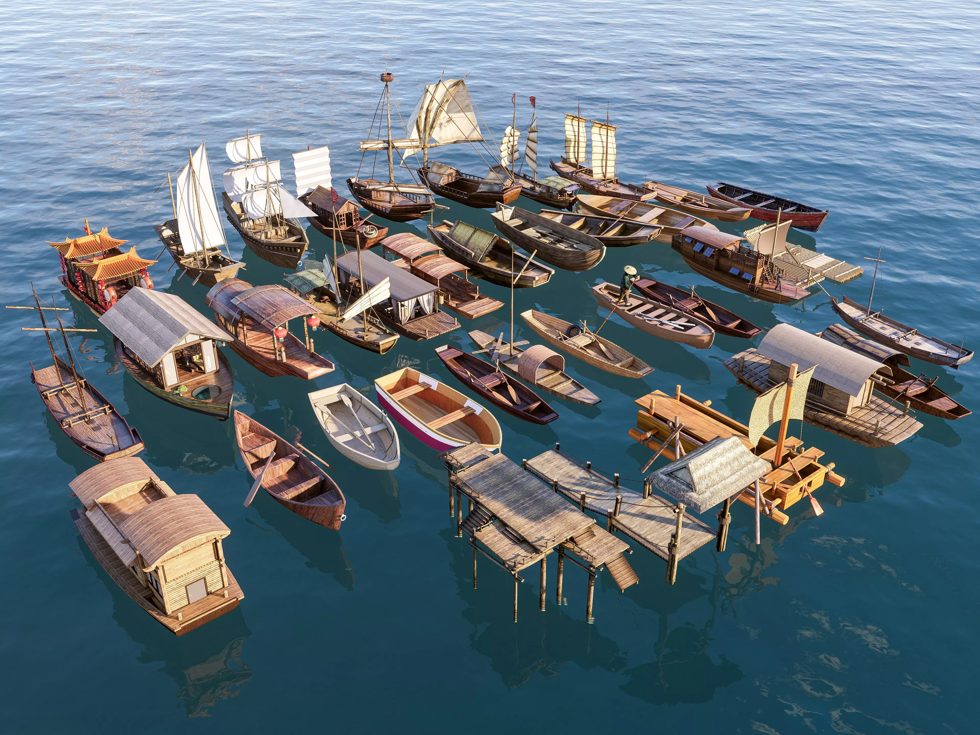 Wooden boat collection 1 Low-poly 3D model_0