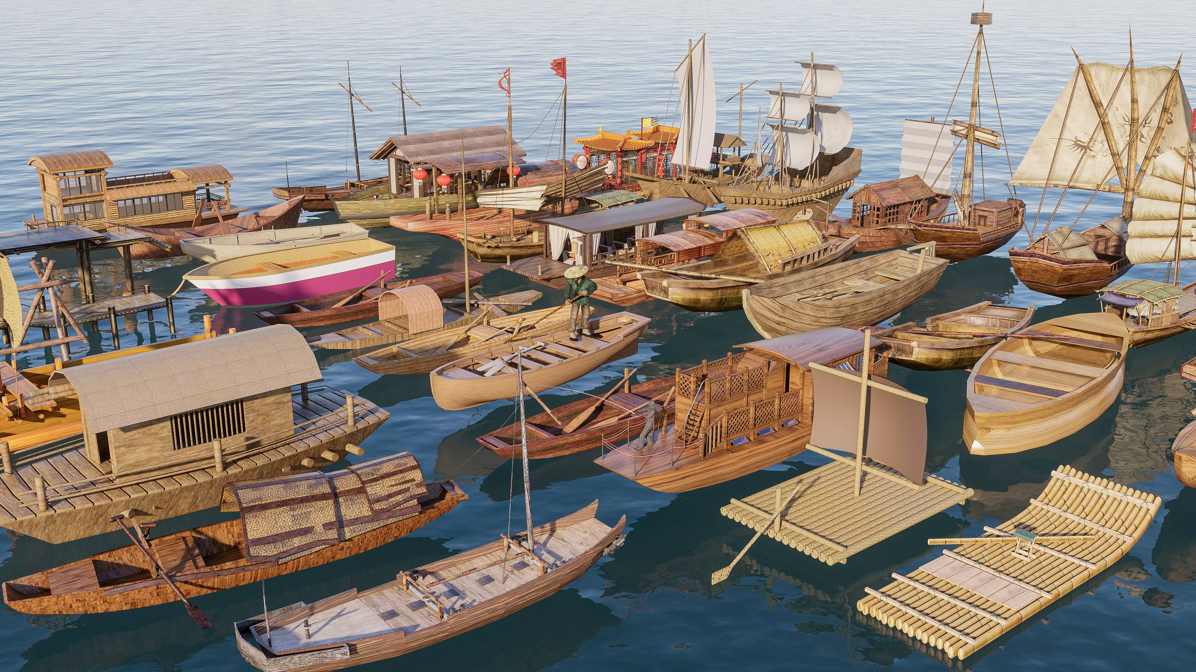 Wooden boat collection 1 Low-poly 3D model_4