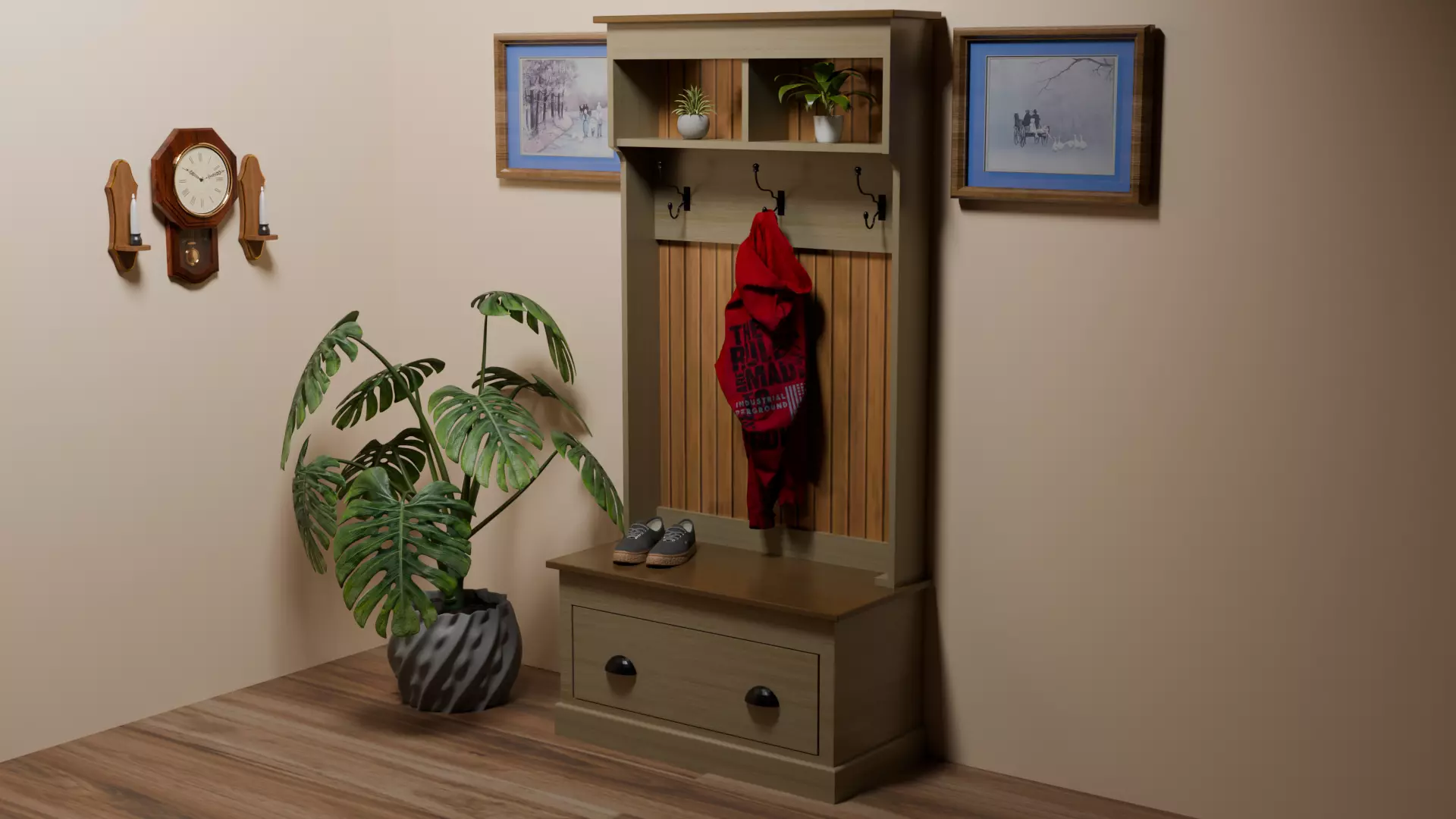 Rustic Amish Hall Tree Low-poly 3D model_0