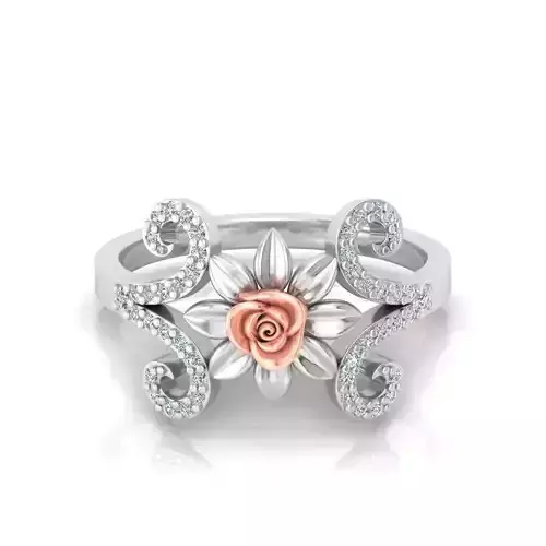 Diamond Women Rose Flower Gold Ring 
