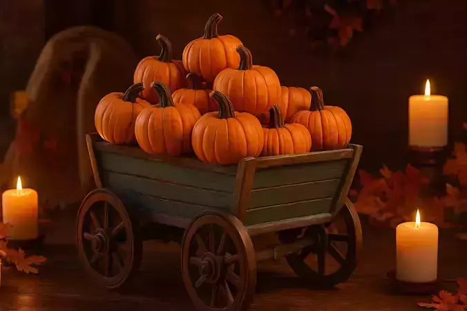 Pumpkin Cart Model Rustic Wagon with Pumpkins