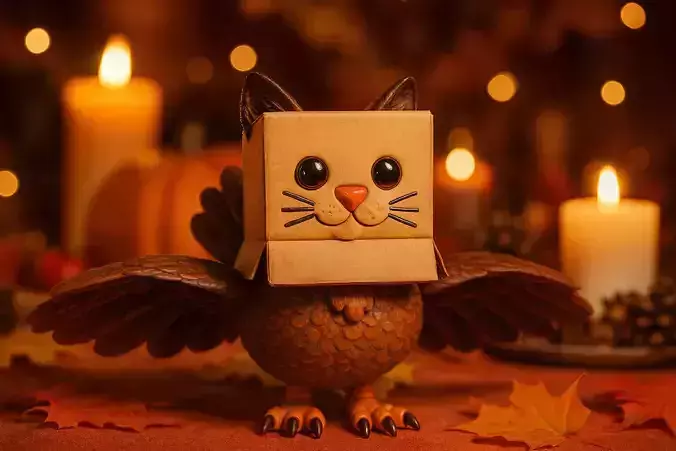 Whimsical Cat Owl Hybrid Figurine 3D Printed 
