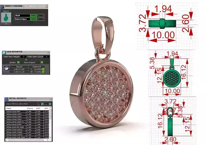 Rose Gold Pave Diamond Disc stl 3dm 3d Pendant model jp0378